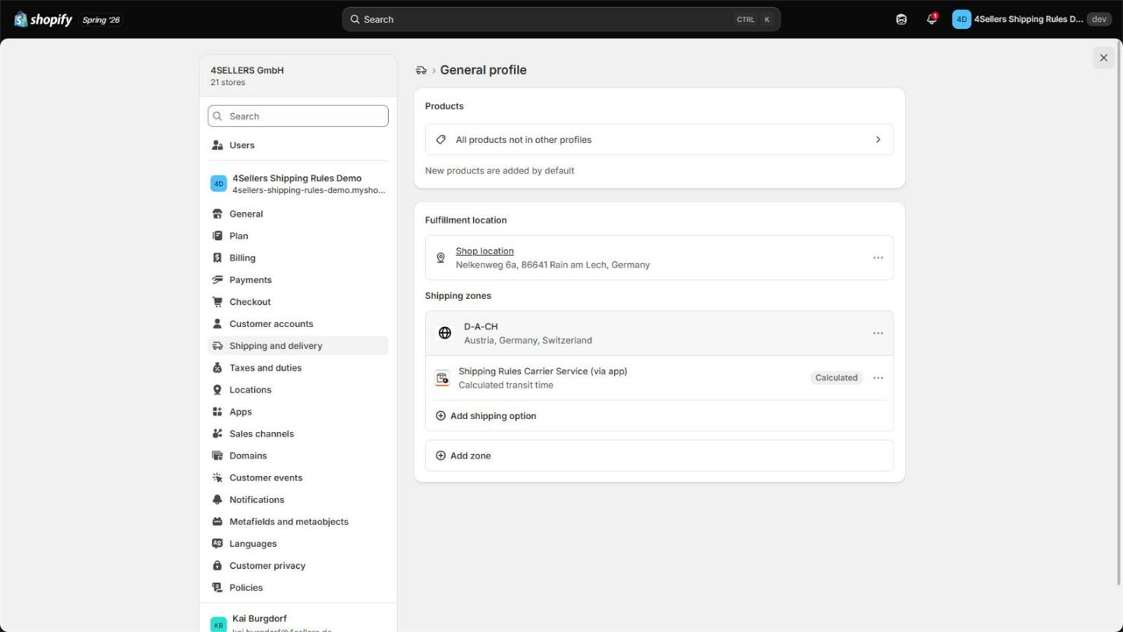 The carrier service entry in your Shopify delivery profile