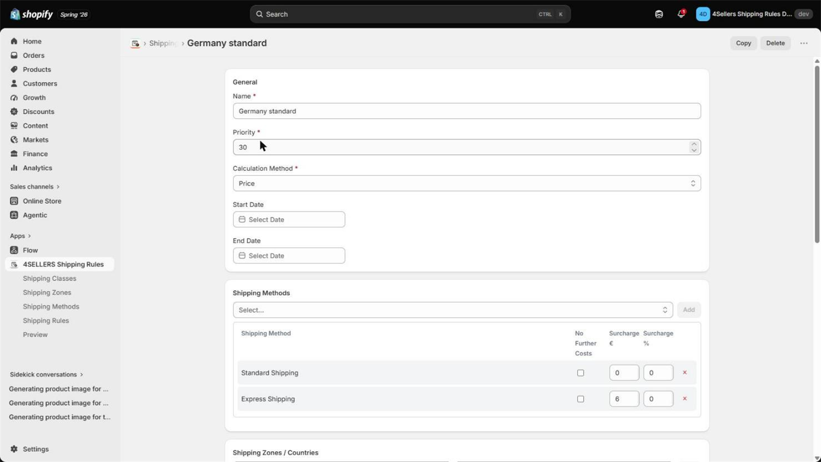 The general section of the rule editor, with the shipping methods of the rule below it