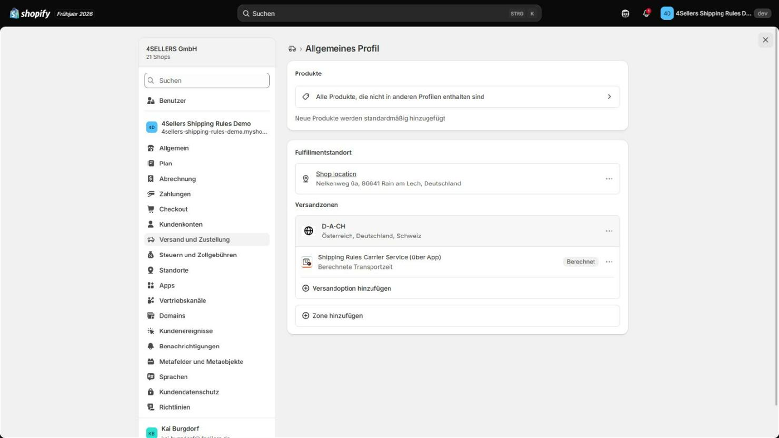 Der Carrier-Service-Eintrag im Shopify-Lieferprofil