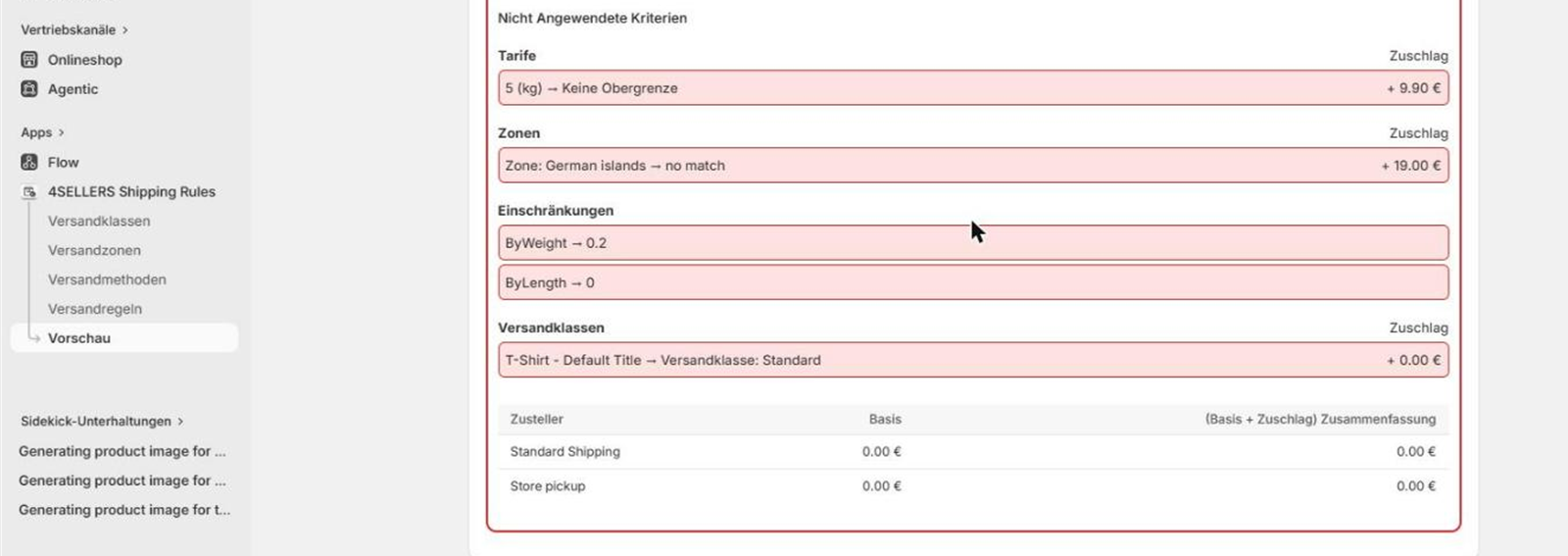 Vorschau mit den gescheiterten Kriterien einer Regel und den verglichenen Werten
